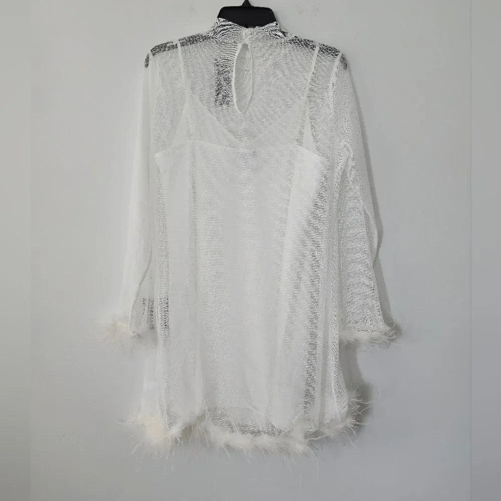 NWT Lulus Immaculate Charisma White Mesh Feather Long Sleeve Mini Dress Large
